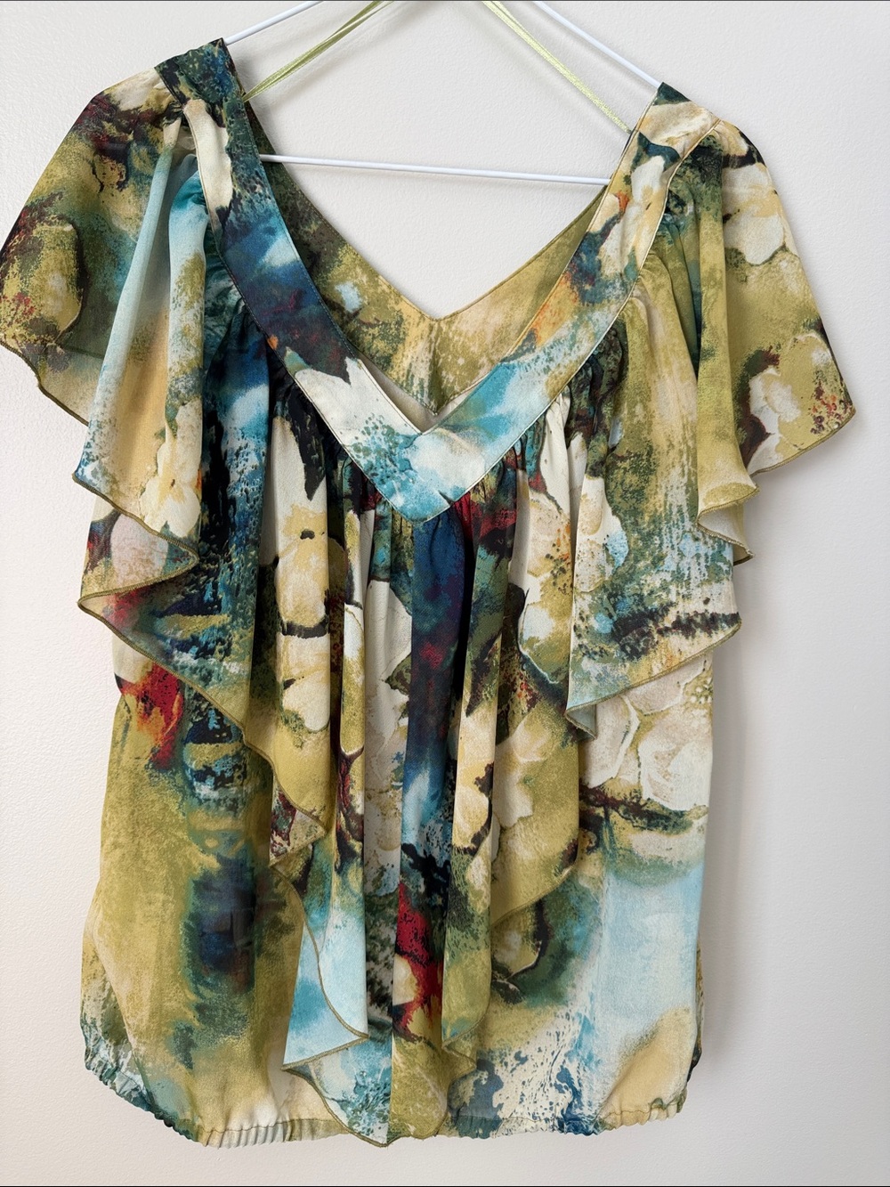 Sunny Leigh Abstract Ruffle V-Neck Blouse in Green Blue and Cream